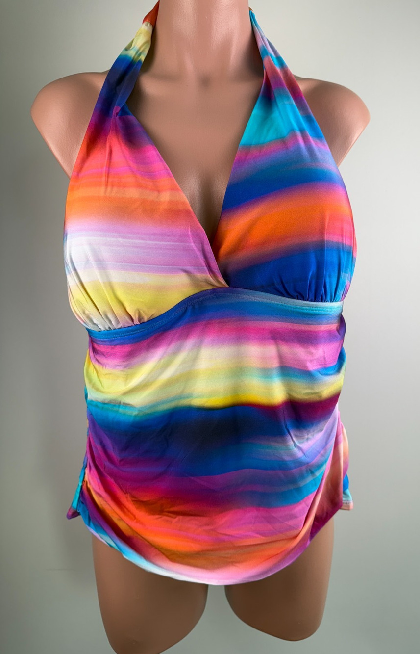 La Blanca Sunset Shores Tummy Control Halter V Neck Lined Tankini Top 16W NWT